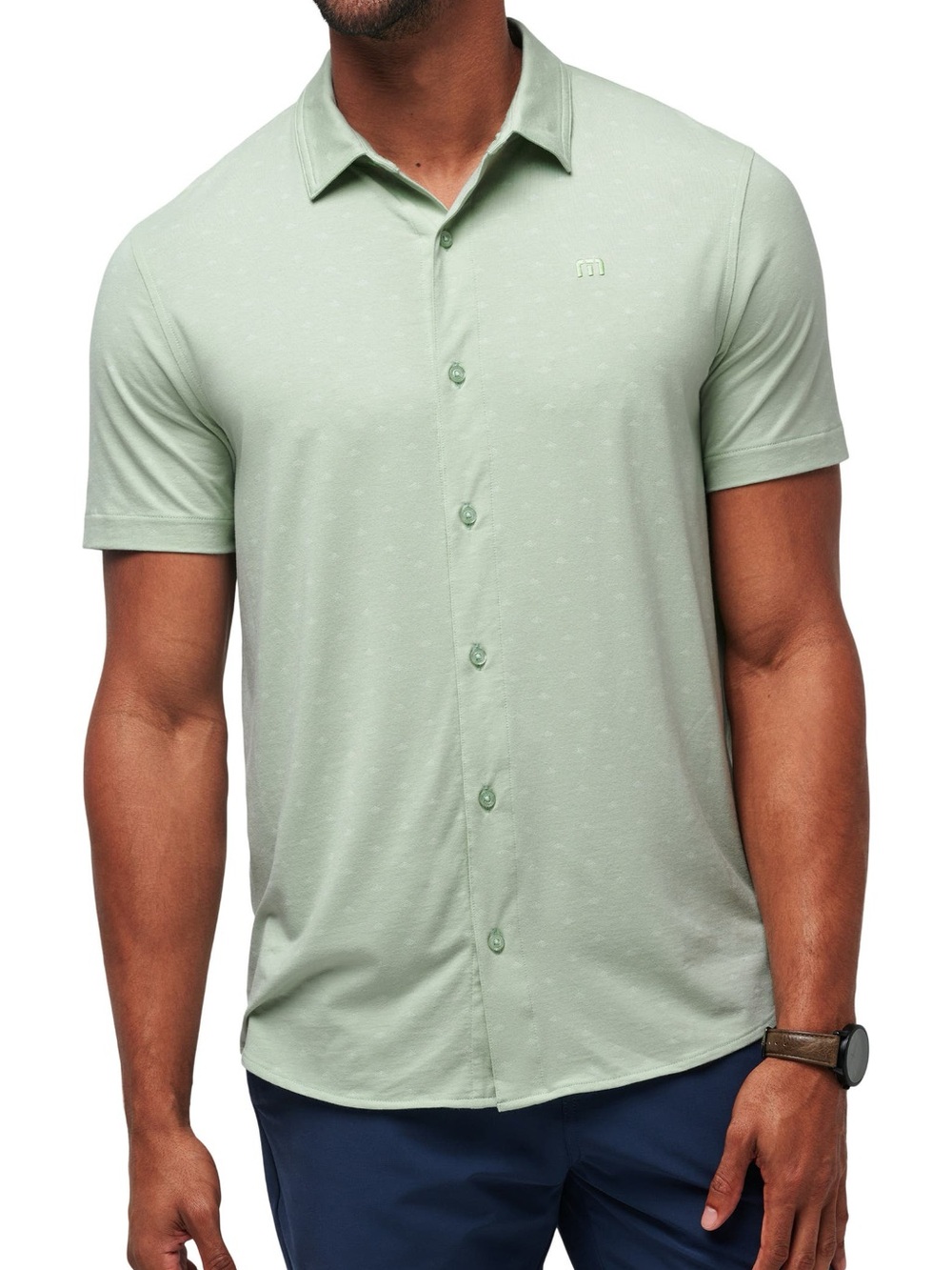 Set a Course Geo Print Knit Short Sleeve Button-Up Shirt - Travis Mathew